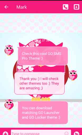 Pink Hearts Owls GO SMS Theme 2