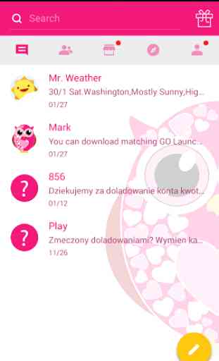 Pink Hearts Owls GO SMS Theme 3