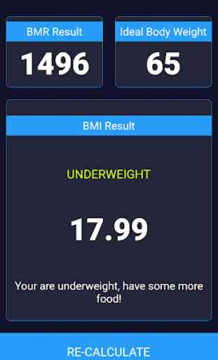 BMI, BMR & Ideal Weight Calulator 3