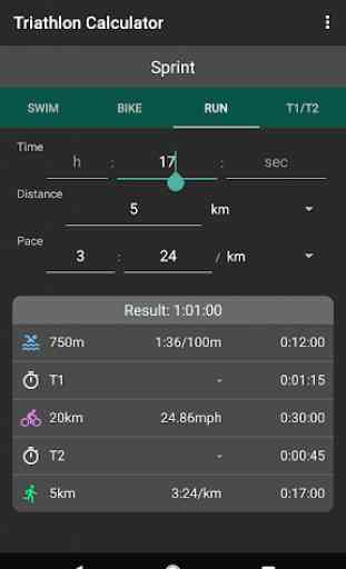 Triathlon Calculator: Pace for Swim/Bike/Run 1